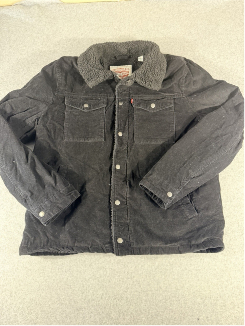 Vintage Levis Y2K Mens Black Corduroy Sherpa Lined Trucker Jacket Large Western